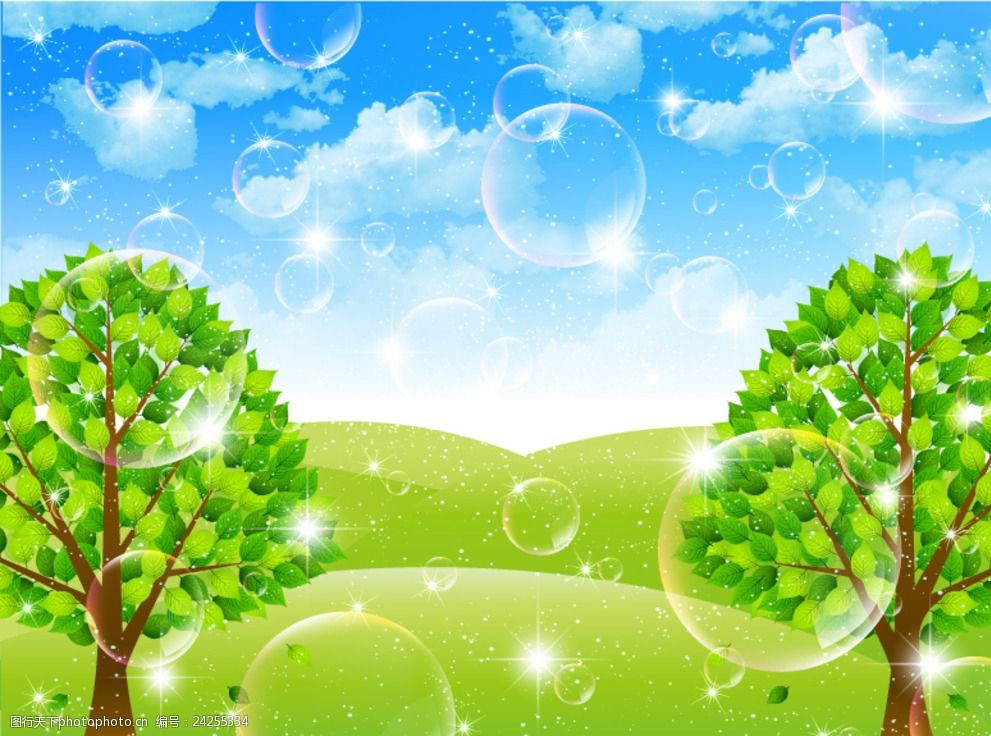 梦幻气泡绿树背景矢量素材