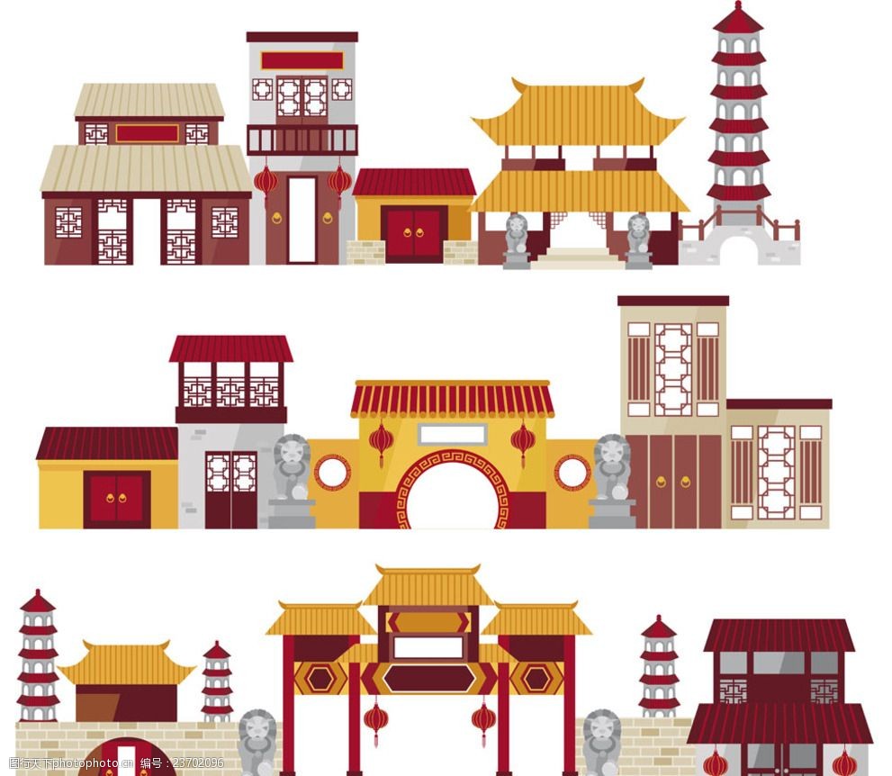 中国古典建筑插画矢量