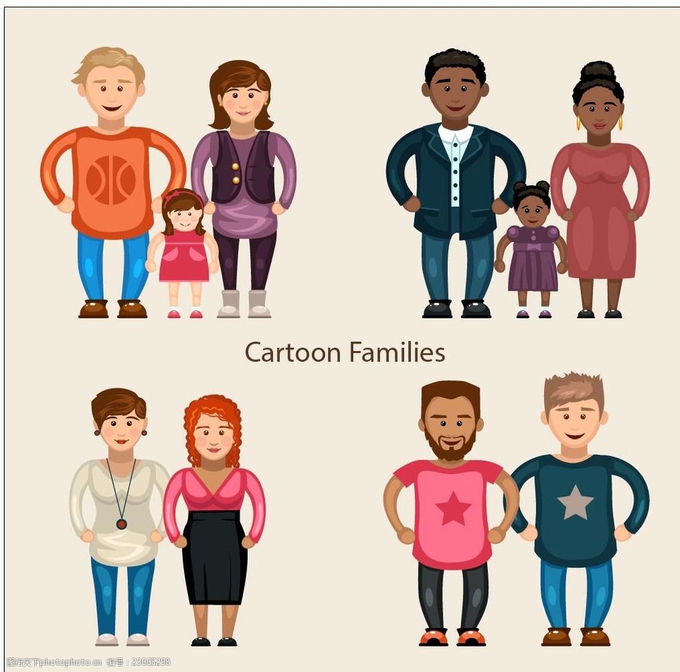 多样化的家庭卡通 套装 人 家庭男子 女孩女子 漫画 快乐 可爱 男孩