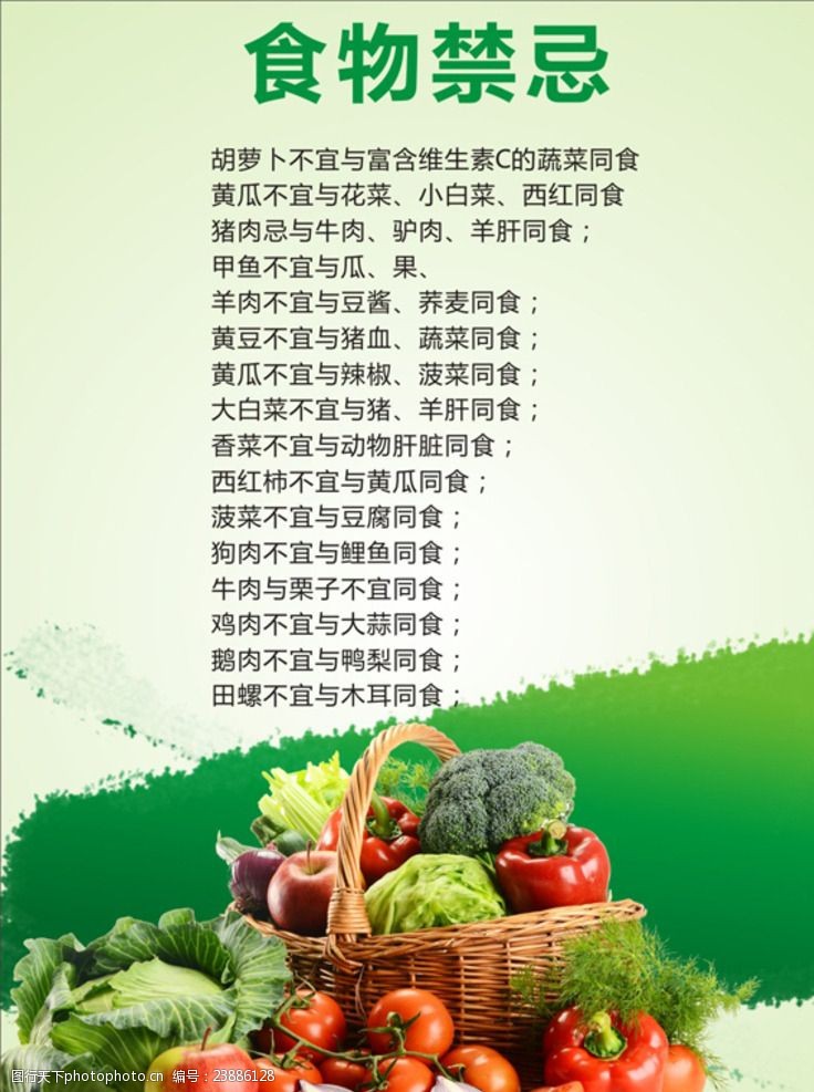 关键词:餐厅食物禁忌版面 食物禁忌配菜 蔬菜 篮子 绿色 西红柿 设计