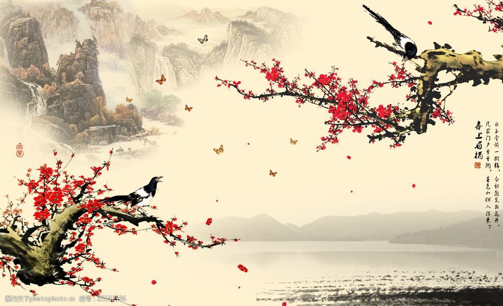 水墨梅花喜鹊背景墙