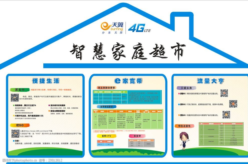 关键词:电信智慧家庭超市 电信 智慧家庭 套餐 房子 展板 设计 广告