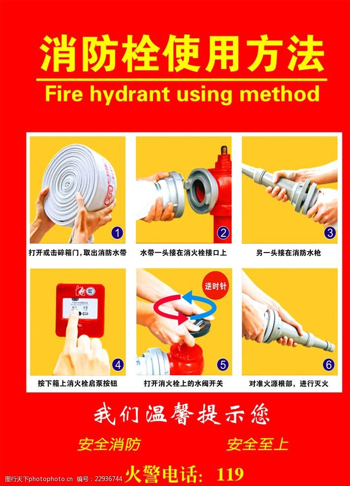 栓使用方法 消防 消防栓使用 消防栓步骤 火警电话 119 设计 标志图标