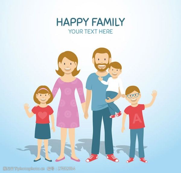 关键词:三个孩子的幸福家庭插画矢量素材下载 男子 女子 孩子 父母 家