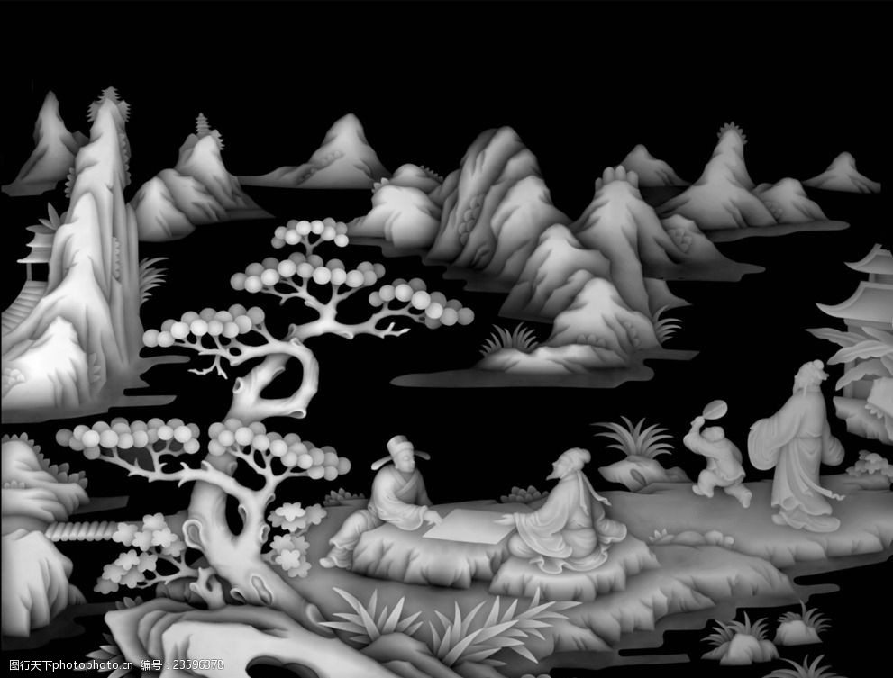 山水风景人物下棋作画浮雕灰度图