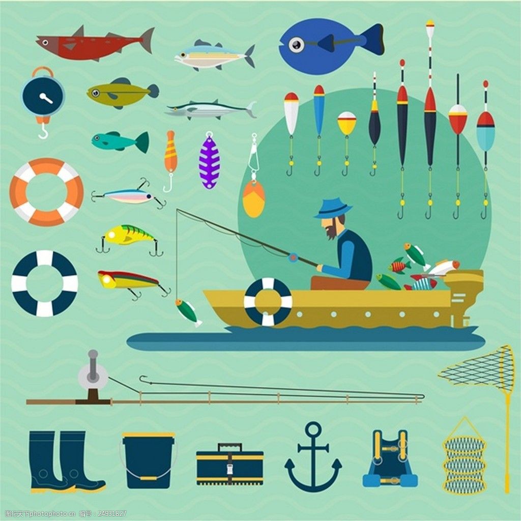 与各种工具和渔夫捕鱼矢量插图