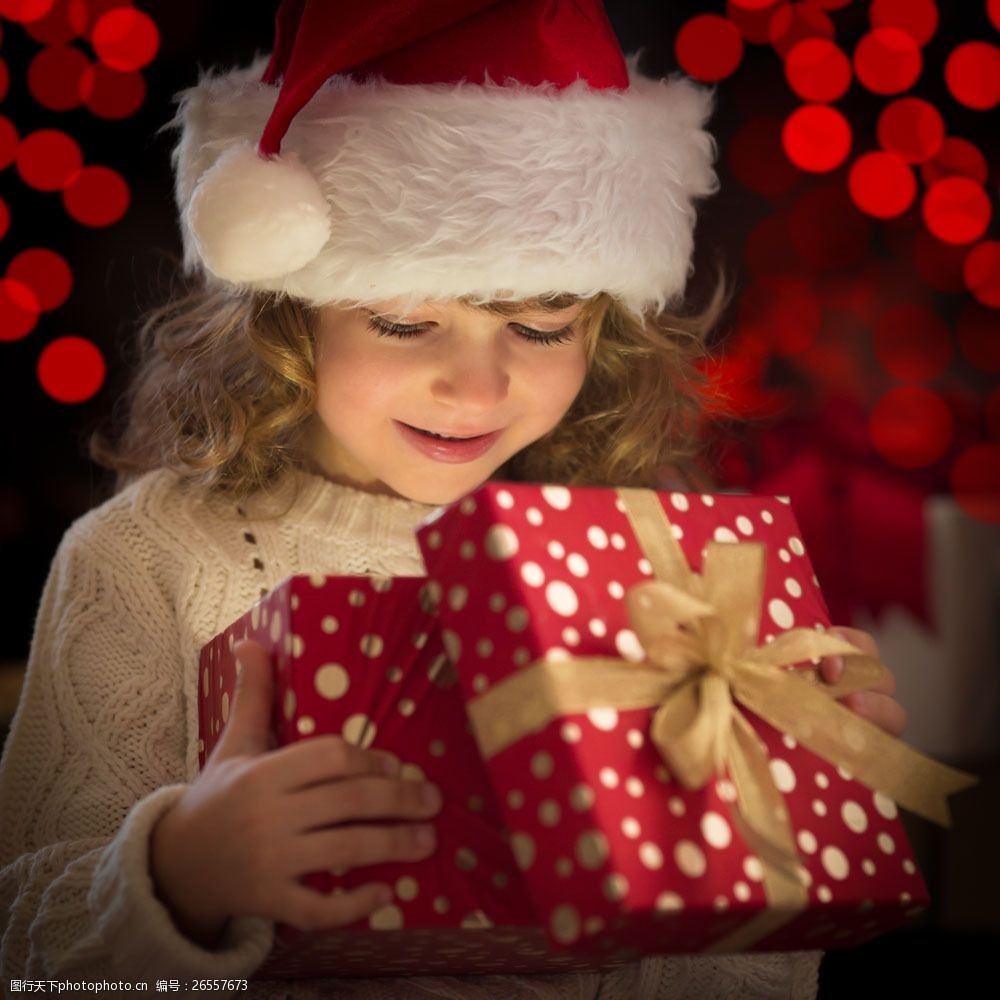 礼物盒 微笑 外国 小女孩 圣诞帽 光斑 儿童图片 人物图片 图片素材