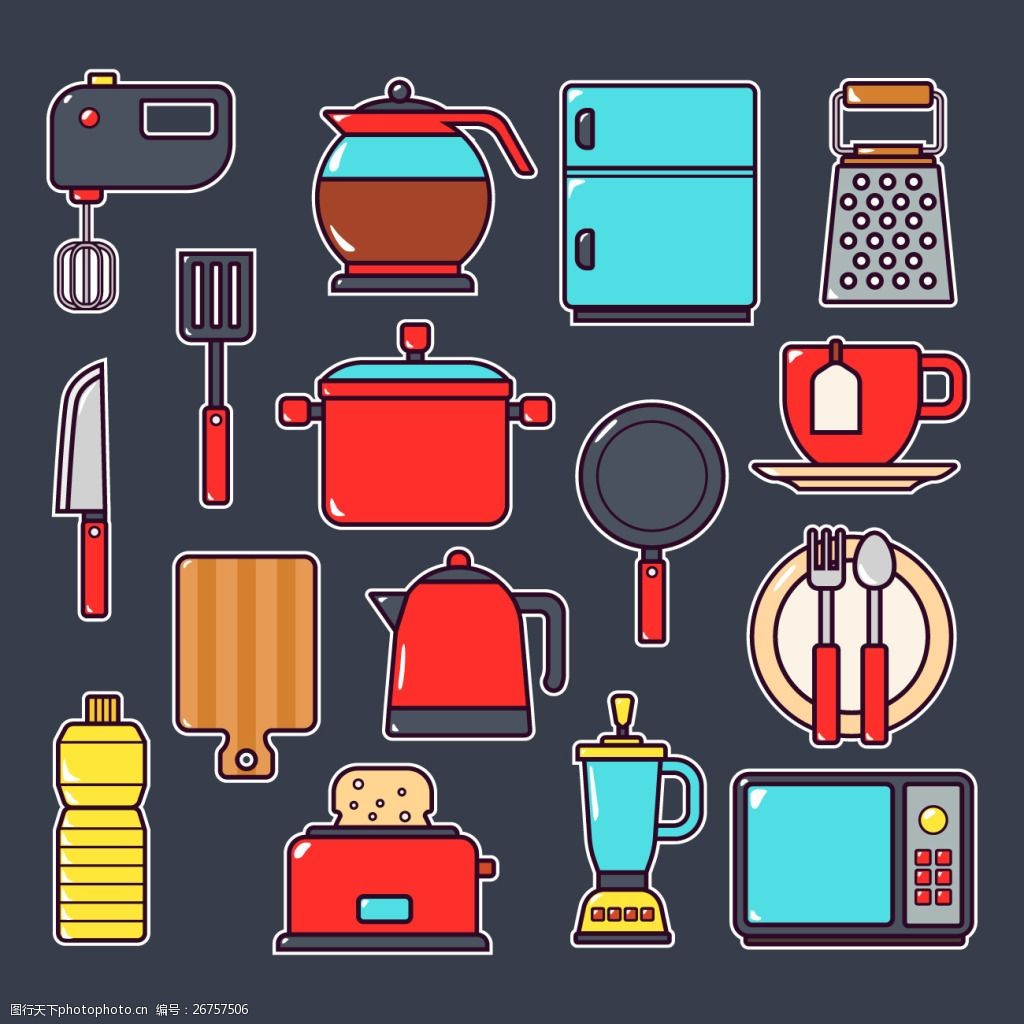 关键词:厨房的元素集合 厨房元素 厨房工具 刀 冰箱 微波炉 铲子 烤箱