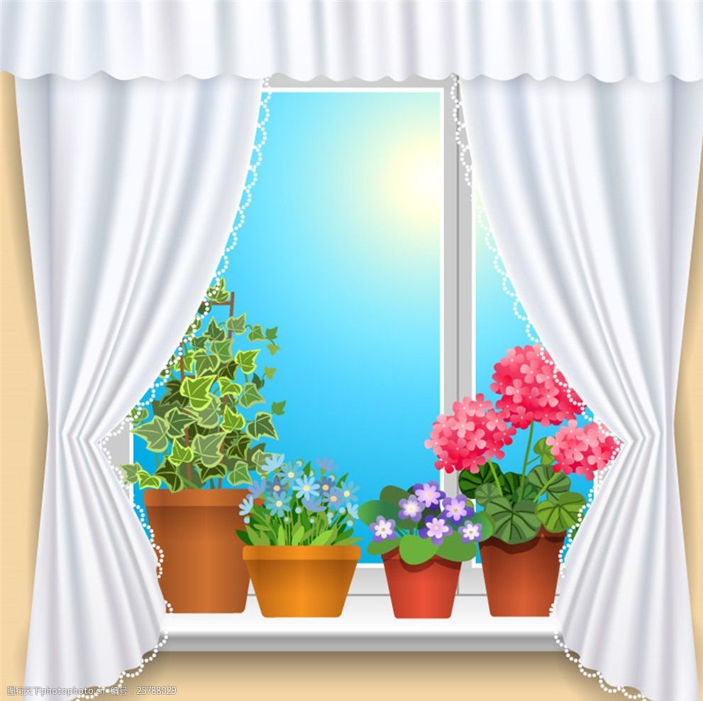 关键词:盆栽阳台矢量素材 窗户 窗台 阳台 窗帘      盆栽 花卉 矢量