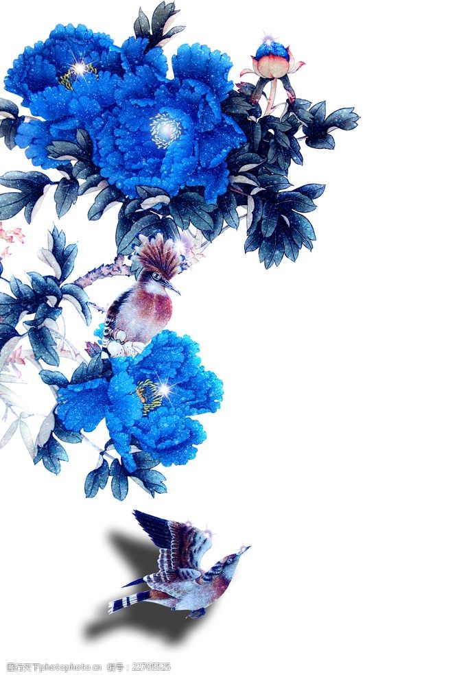 关键词:手绘花鸟 分层图 国画 花鸟 中国风 蓝色牡丹 设计 文化艺术