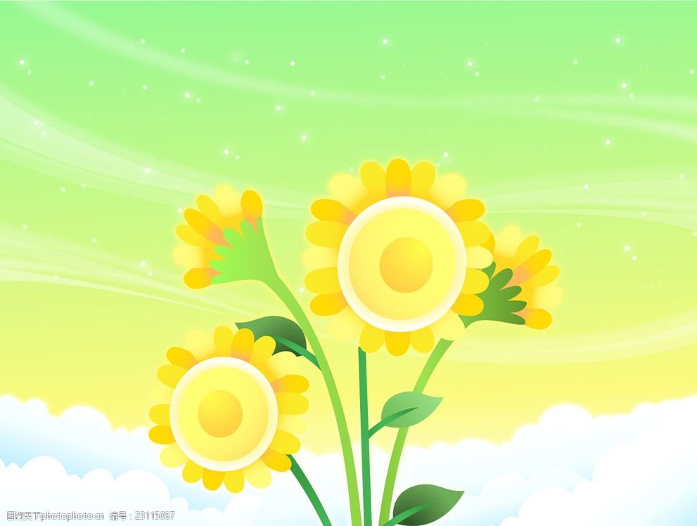 向日葵 花卉 浅色 矢量花朵 云层 简单 矢量 卡通 设计 底纹边框 背景