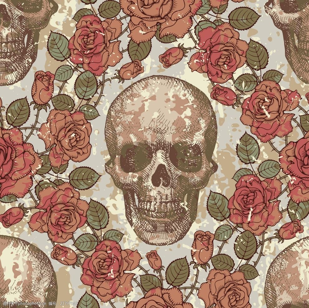 矢量花纹骷髅头玫瑰花背景