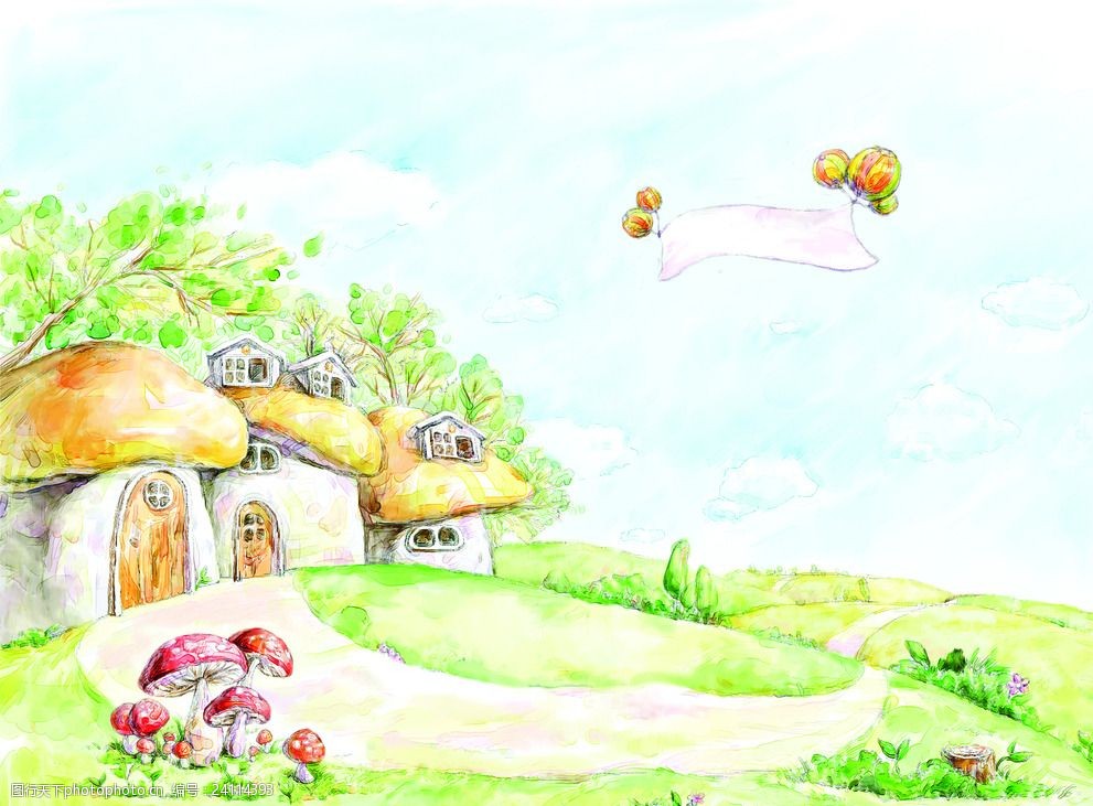 卡通漫画房子草地风景psd素材