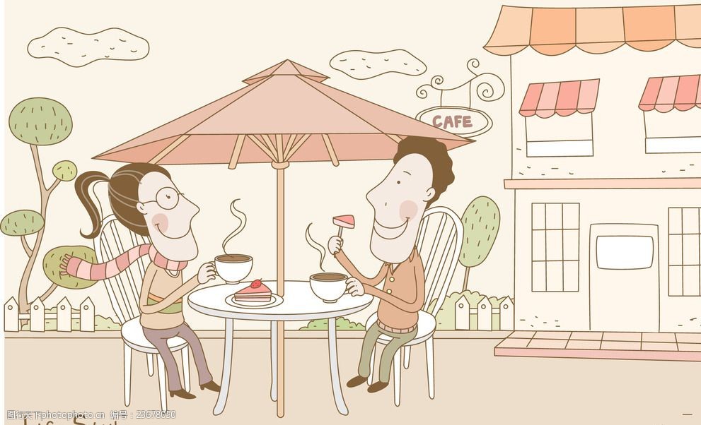 喝下午茶的卡通情侣