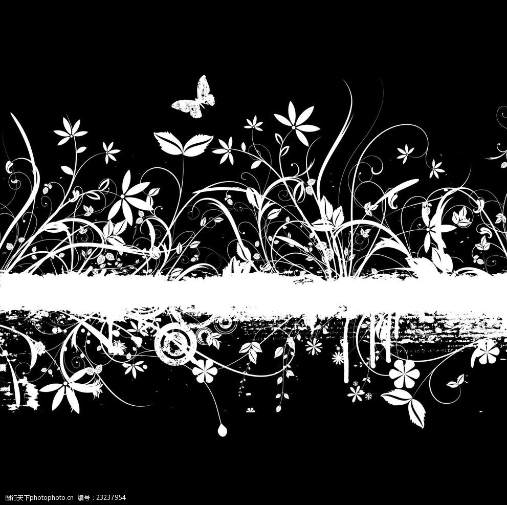 黑白花草花纹植物线条素材图片-图行天下图库