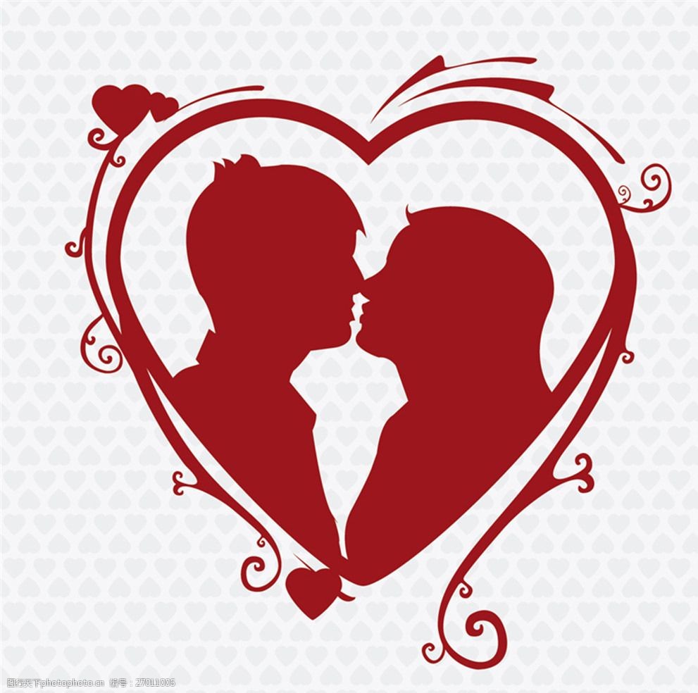 红色爱心亲吻情侣剪影矢量素材