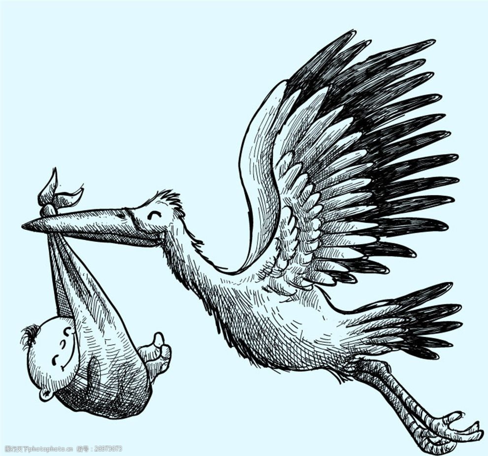 关键词:手绘送婴儿的白鹳矢量素材 手绘 送子鹤 白鹳 送子鸟 婴儿
