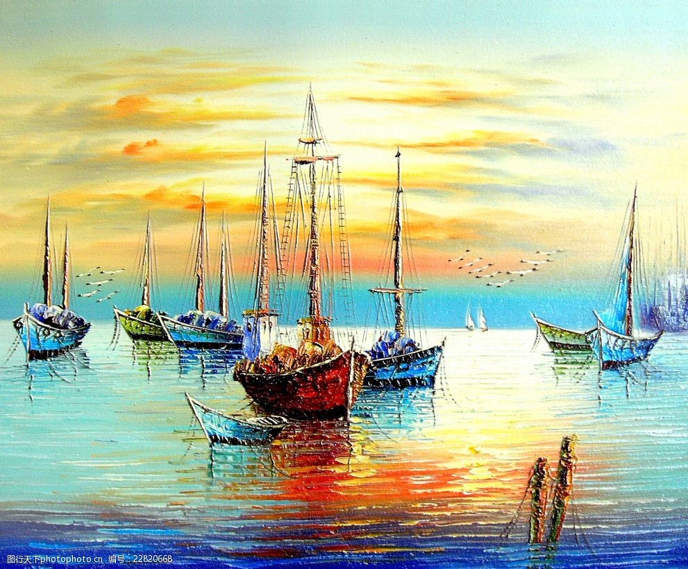 油画黄昏下的船只图片素材图片-图行天下图库