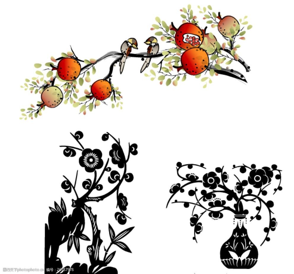 手绘石榴树梅花