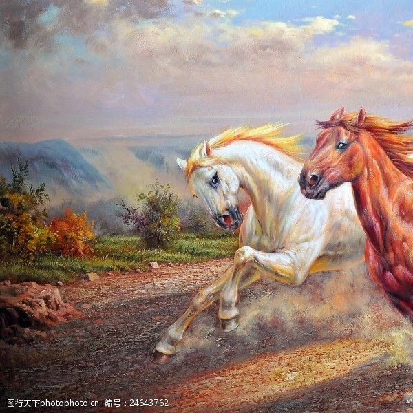 油画动物三联壁画高清