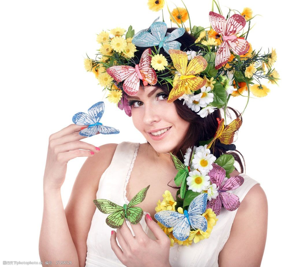 性感美女与鲜花蝴蝶图片