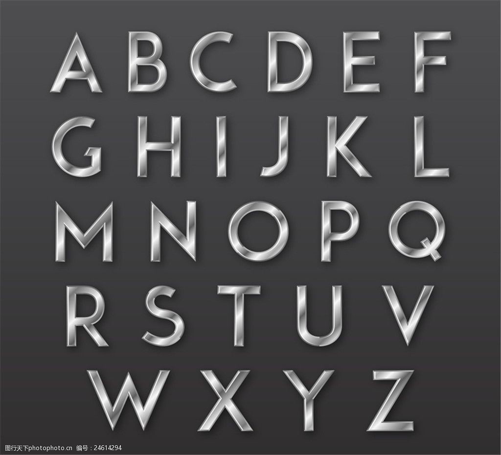 26个银色金属质感字母矢量图
