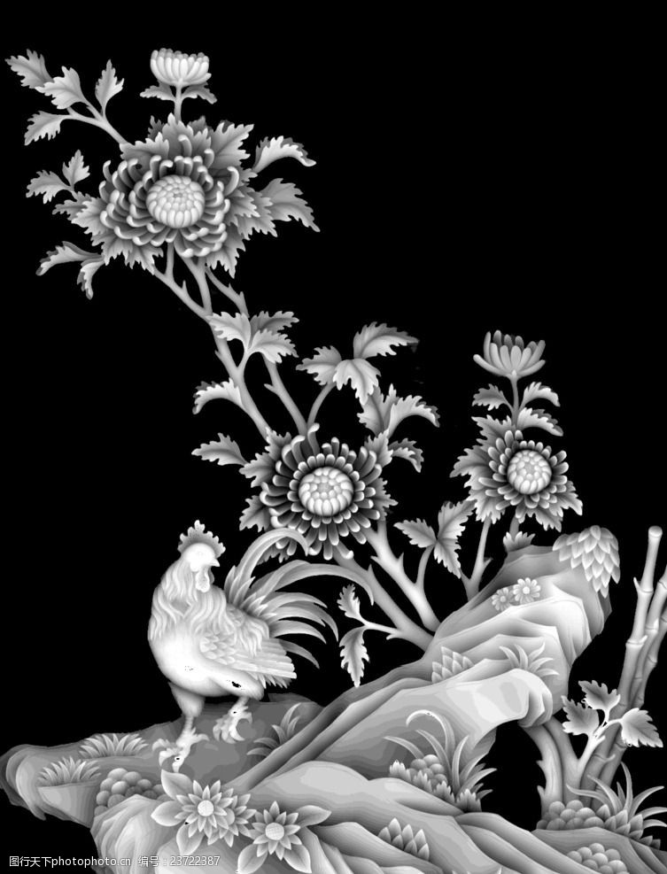 菊花公鸡四季花浮雕灰度图bm