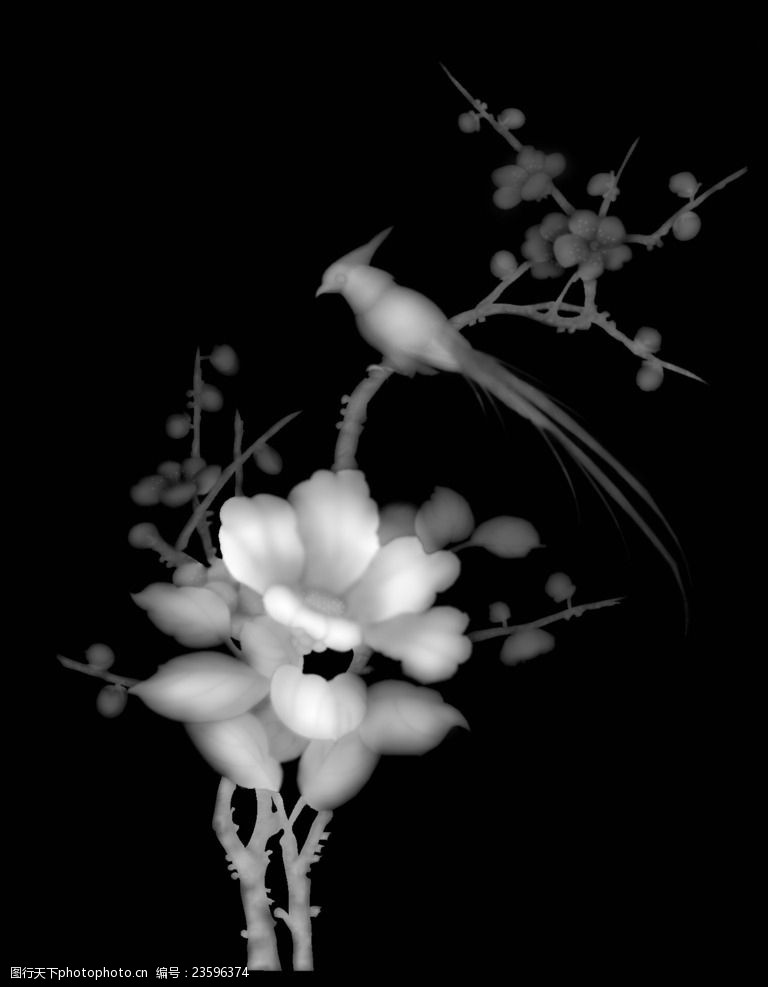 玉兰花檀花花鸟浮雕灰度图