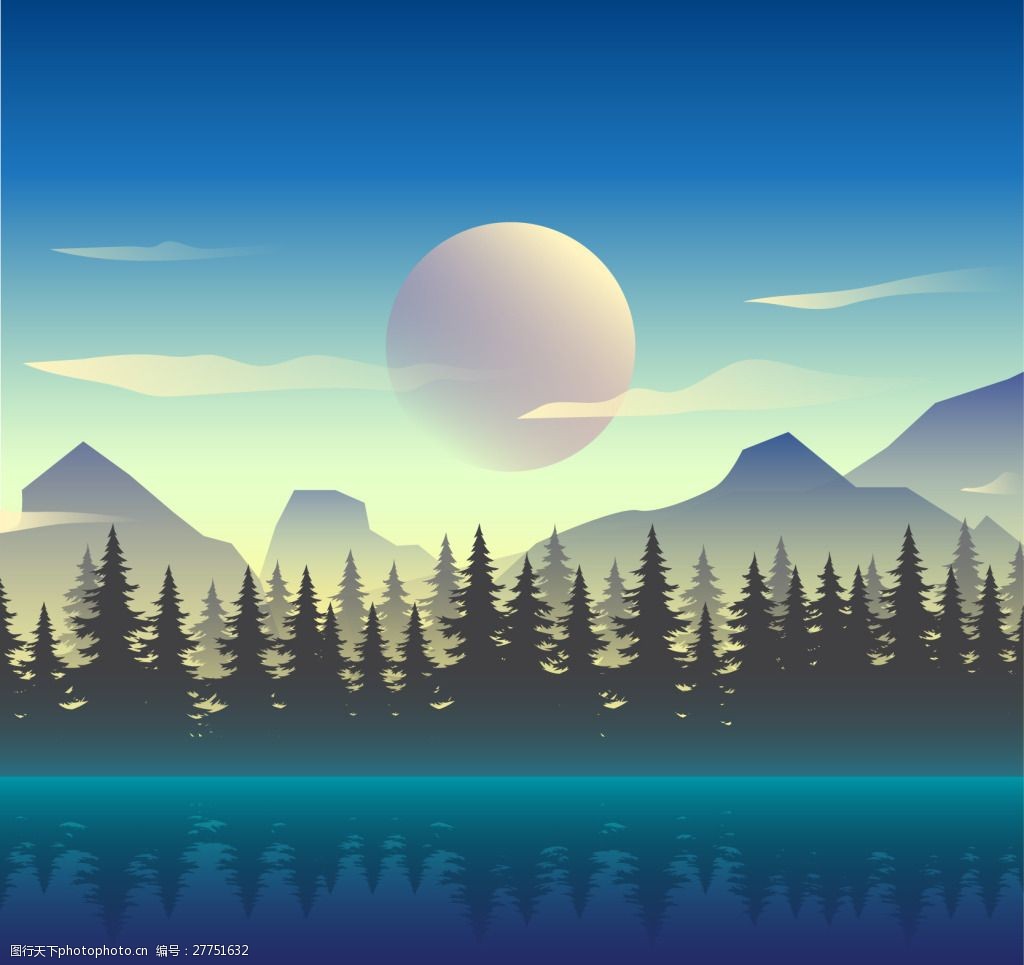 关键词:美丽的森林景观背景与现实风格的湖泊 美丽森林风景 矢量湖泊