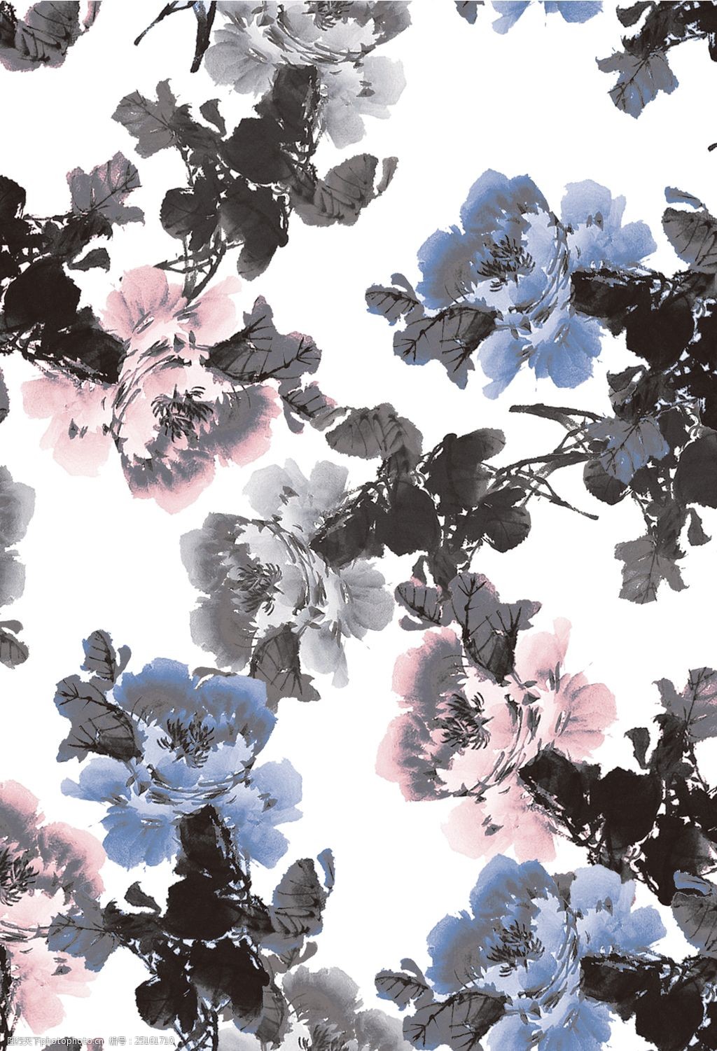 水墨牡丹花纹印花图案