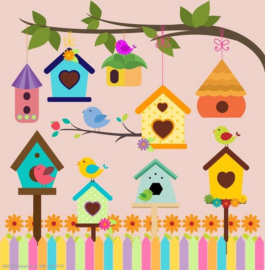 关键词:鸟屋装饰背景与丰富多彩的风格自由向量 房子 鸟 鸟窝