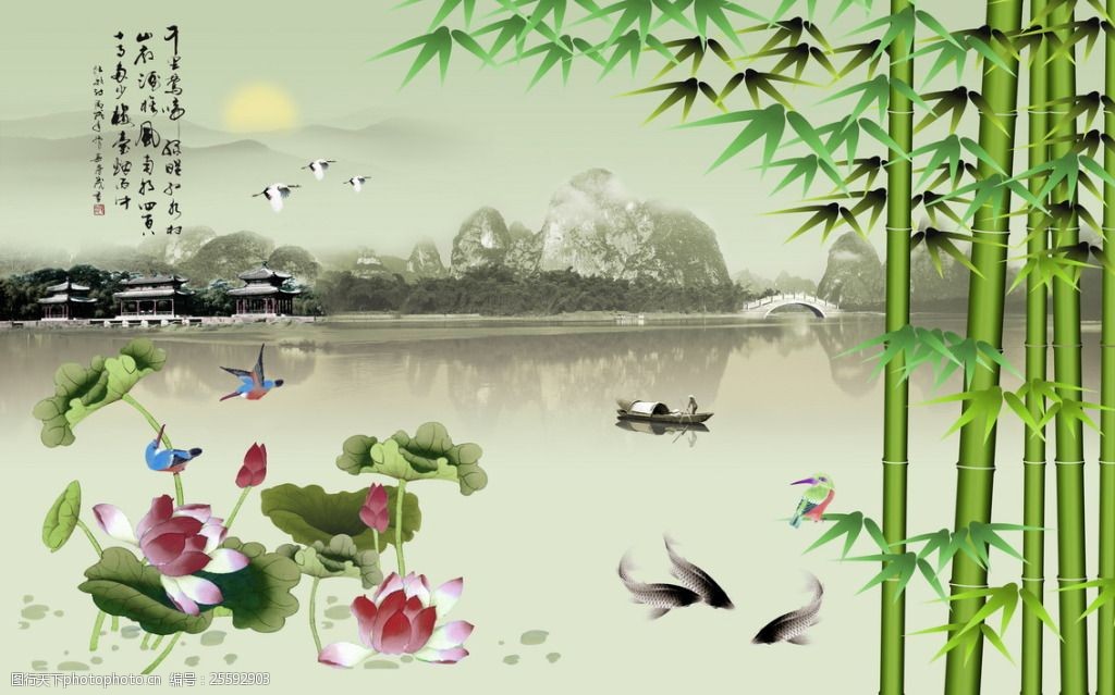中国风 电视背景墙 72dpi psd分层图 荷花 莲花 水墨 诗词 竹林 江南