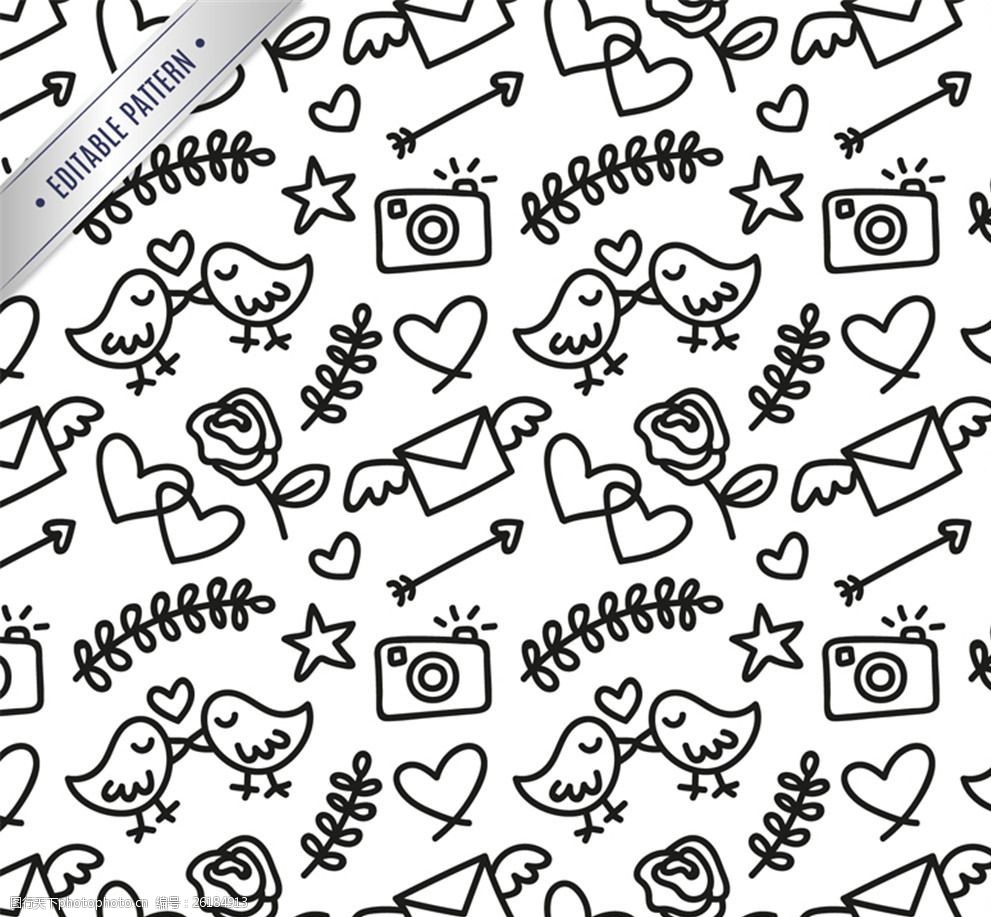 手绘卡通爱心元素无缝背景矢量素