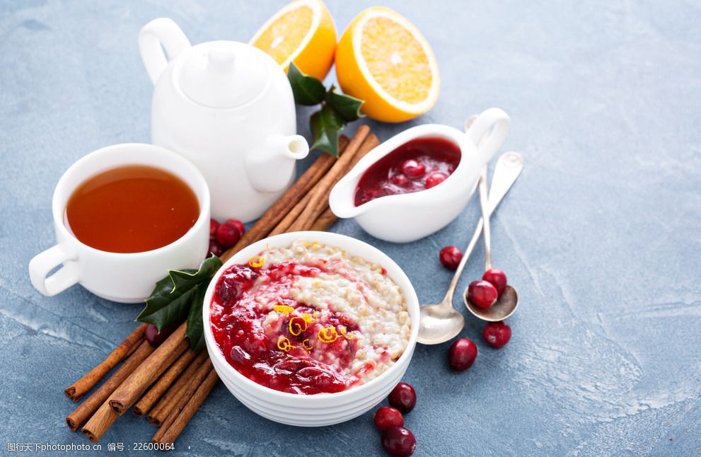 关键词:谷物麦片 点心 水果 高清素材 果酱 茶 酸奶 樱桃 摄影 餐饮