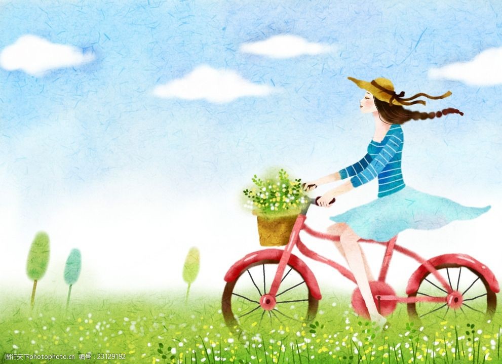 卡通浪漫美女骑自行车梦幻背景