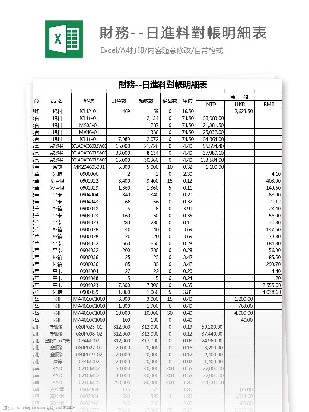 財務日進料對賬明細表excel模板